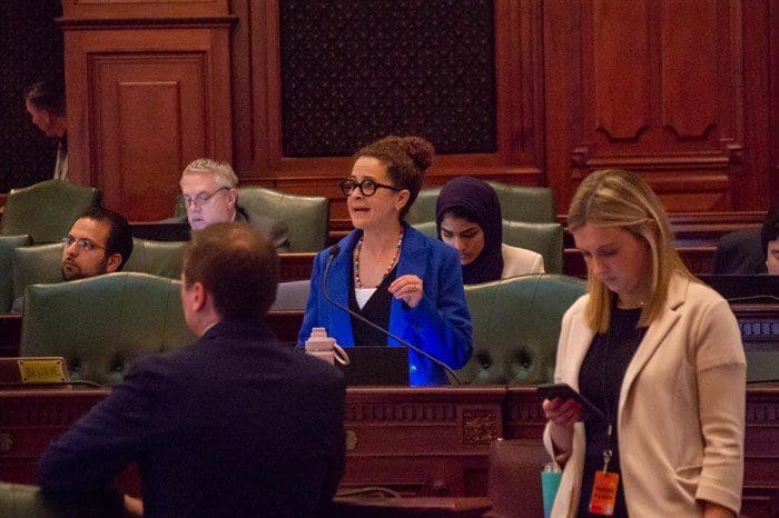 State Rep. Mary Beth Canty, D-Arlington Heights, is pictured on the floor of the Illinois House this week. (Capitol News Illinois photo by Jerry Nowicki)