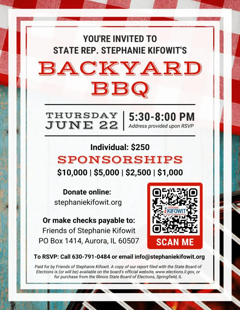 Join Rep. Stephanie Kifowit for a backyard BBQ on June 22! 🍖 To RSVP, email info@stephaniekifowit.org or call 630-791-0484. Purchase tickets online at stephaniekifowit.org. Don't miss the fun!