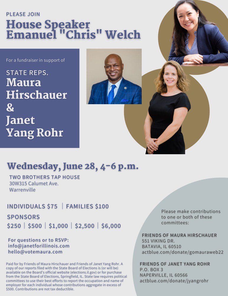Show your support on June 28 for two fierce fighters in the Illinois House, Rep. Maura Hirschauer and Rep. Janet Yang Rohr! With special guest, House Speaker Emanuel "Chris" Welch. Save your seats today.