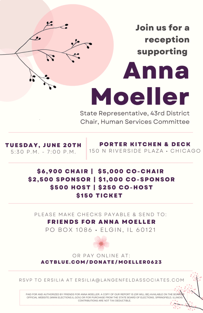 Join us for a reception supporting our Human Services Committee Chair and Representative for the 43rd district, Anna Moeller on June 20. Tickets and sponsorships available online now.