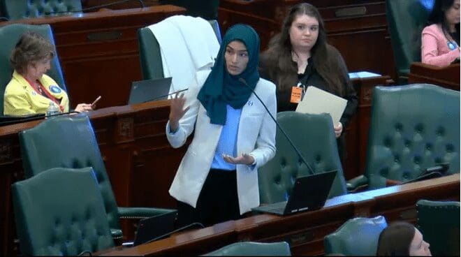 Rep. Nabeela Syed, D-Palatine, discusses her House Bill 3957 pertaining to price gouging of off-patent and generic drugs during floor debate Wednesday, March 3, 2023