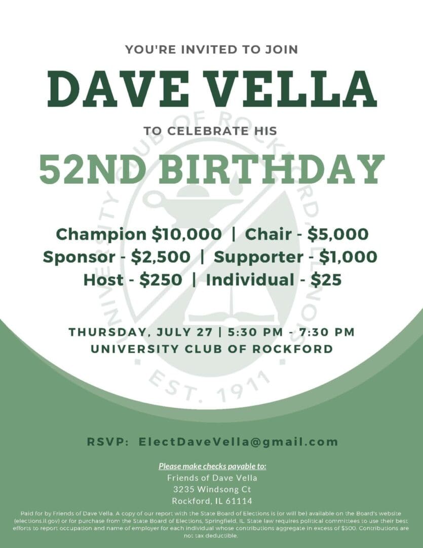 Help us wish our labor rights champion, Rep. Dave Vella, a very happy birthday! Join him for a 52nd Birthday Celebration on Thursday, July 27th. RSVP to save your seats at ElectDaveVella@gmail.com.