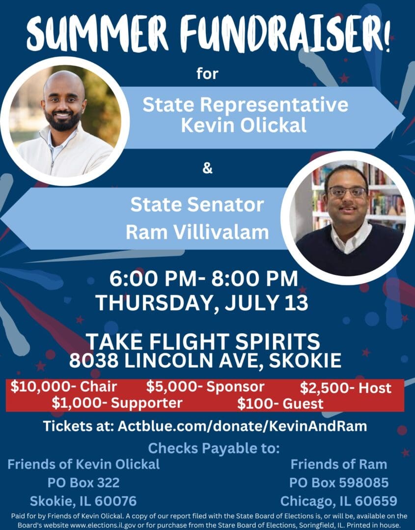 Have fun in the sun with Rep. Kevin Olickal and Senator Ram Villivalam at their summer fundraiser on July 13! ☀ Enjoy drinks and good vibes. 🥂 Secure your tickets online.