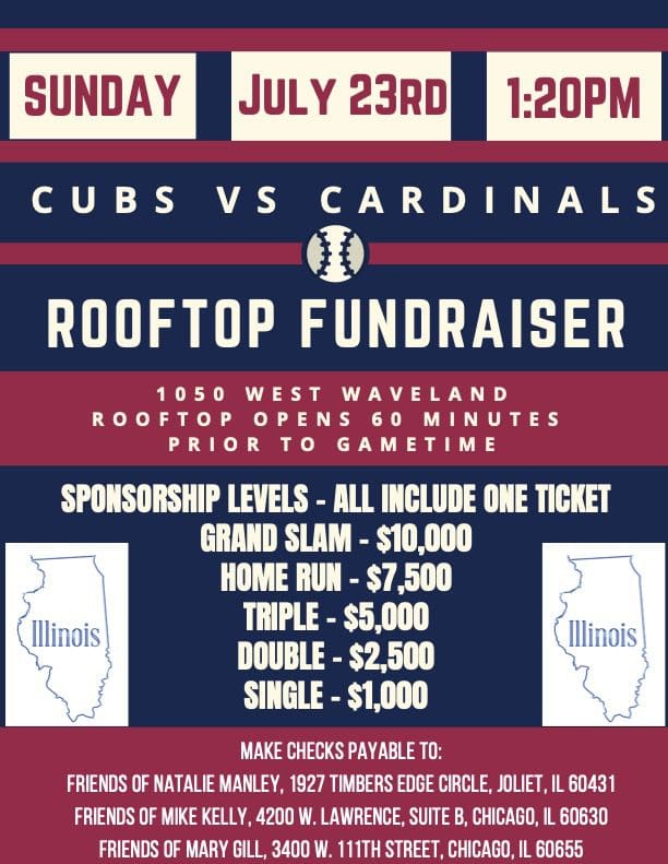 Mark your calendars! 🗓️ Join Deputy Majority Leader Natalie Manley, Rep. Mike Kelly, and Rep. Mary Gill on July 23 to watch the Cubs take on the Cardinals. All sponsorships include one ticket. Secure your rooftop spot today.