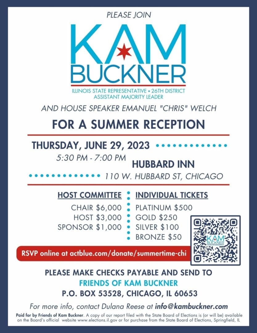 Leader Kam Buckner knows Chi-Town summers are the best summers. ☀😎 Join him alongside House Speaker Emanuel "Chris" Welch for a summer reception on June 29! Secure your tickets online today.