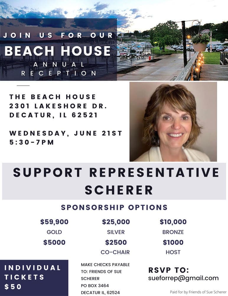 Rep. Sue Scherer knows life is better at the beach. 😎 Join her at the Beach House in Decatur on June 21 for some fun in the sun. Get your tickets and RSVP today at sueforrep@gmail.com.