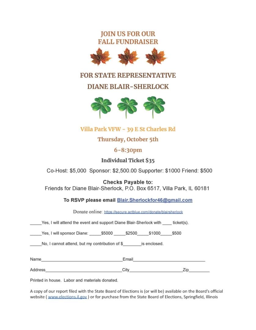 Join Rep. Diane Blair-Sherlock for a Fall Fundraiser on October 5! To RSVP, please email Blair.Sherlockfor46@gmail.com. Tickets and sponsorships are available online