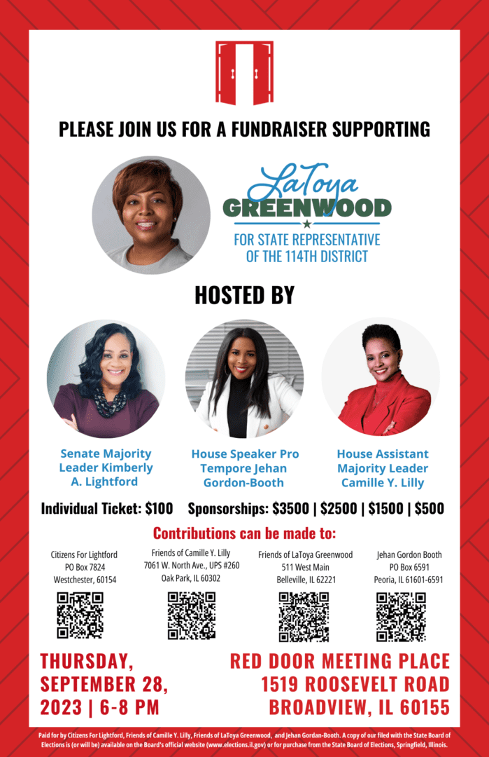 Support LaToya Greenwood, a strong champion for southern Illinois, alongside a powerful trio of women leaders: Senate Majority Leader Kim Lightford, Speaker Pro Tempore Jehan Gordon-Booth, and Assistant Majority Leader Camille Lilly. Meet them at the Red Door Meeting Place on Thursday, September 28.