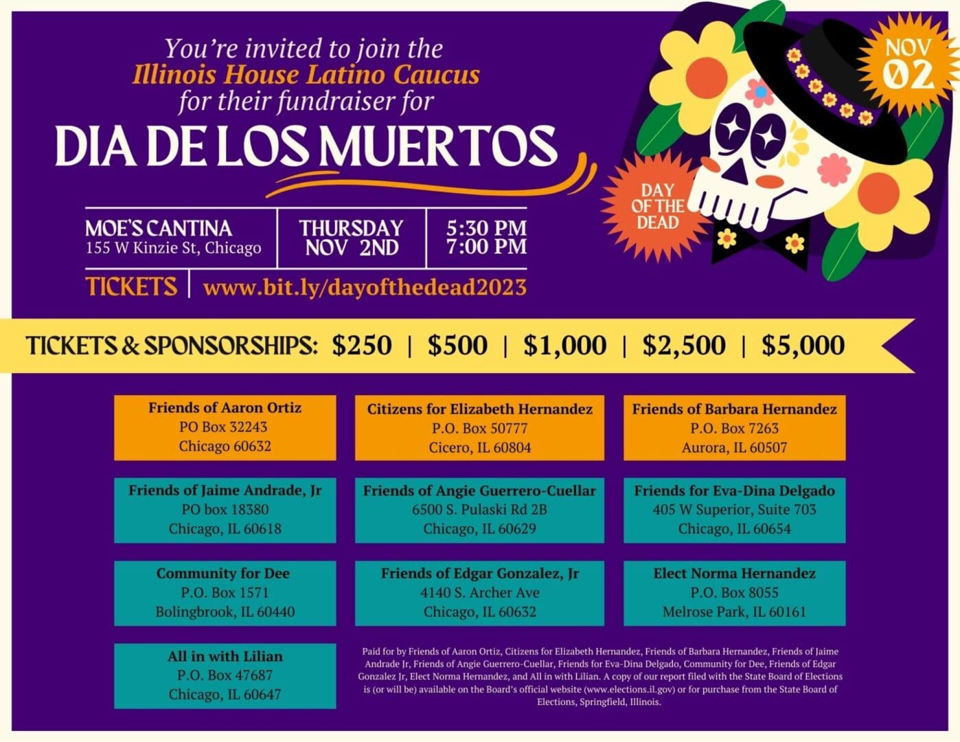 Celebrate Día De Los Muertos with the Illinois House Latino Caucus! 💀🎉 Save the date: Thursday, November 2 at Moe's Cantina. Purchase tickets online today.