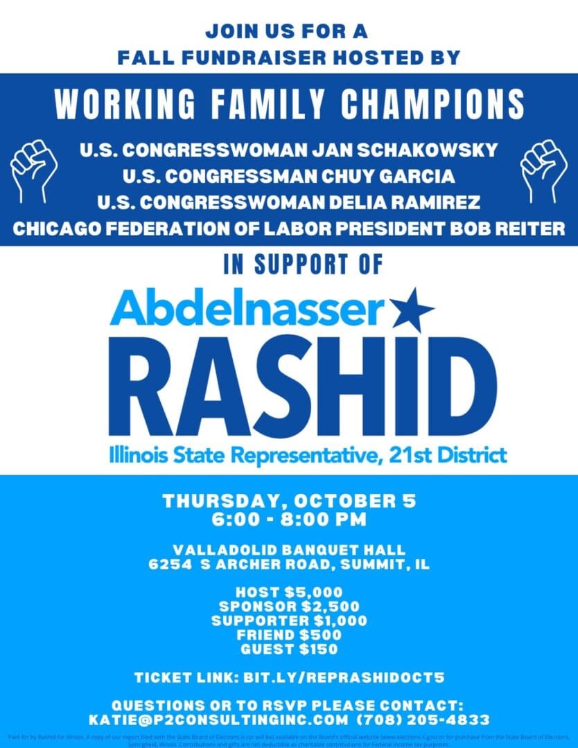 We need Rep. Abdelnasser Rashid back in Springfield so he can continue to be a strong voice for our communities! Join him and some of Illinois' fiercest champions for working families on October 5. Get your tickets today.