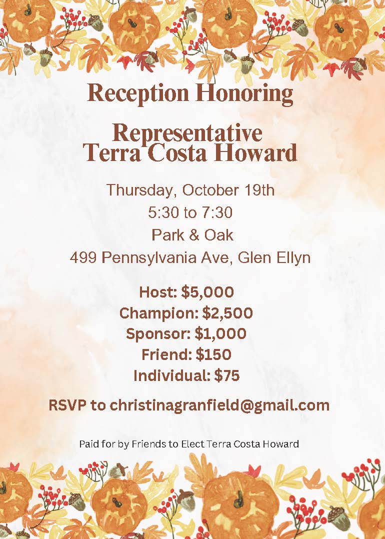 Celebrate the fall breeze and autumn leaves with Rep. Terra Costa Howard on October 19. Tickets start at just $75. Email christinagranfield@gmail.com to reserve your spot today.