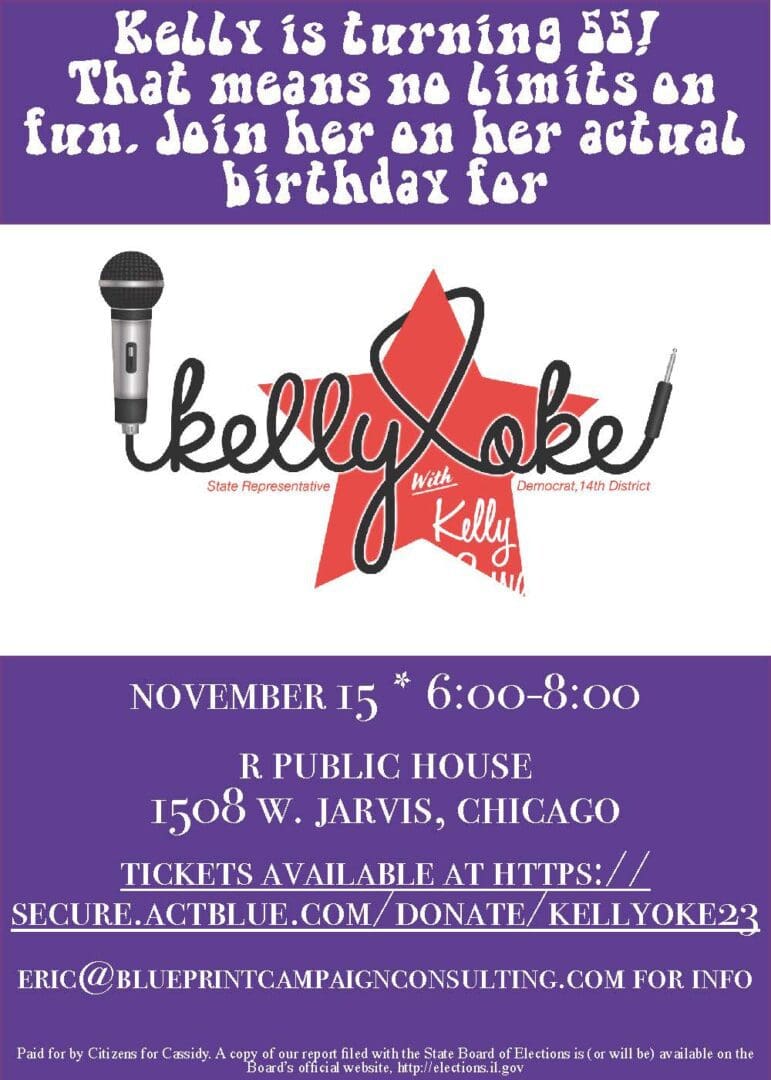 You can sing a song with Rep. Kelly Cassidy on her birthday! 🎤🎶 Join her for Kelly-oke on November 15 at R Public House in Chicago. Tickets available now.