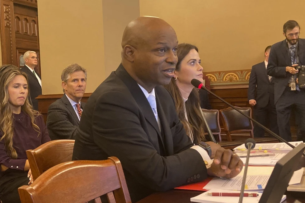Illinois House Speaker Emanuel “Chris” Welch, D-Hillside, testifies before the Executive Committee on his legislation to allow legislative staff to unionize, Tuesday, Oct. 24, 2023, in Springfield, Ill. (AP Photo/John O’Connor)