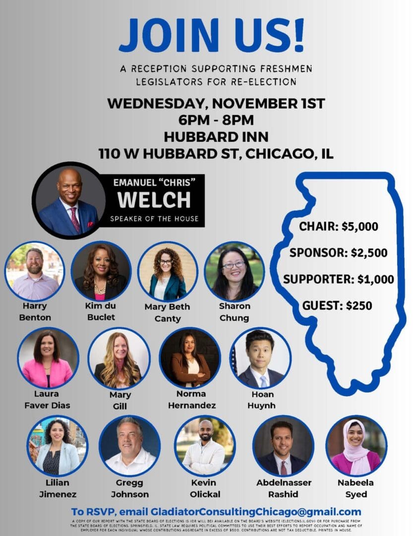 Join House Speaker Emanuel "Chris" Welch in supporting our Freshmen legislators on Wednesday, November 1. They'll be at the Hubbard Inn from 6 to 8 PM. To RSVP, email GladiatorConsultingChicago@gmail.com.