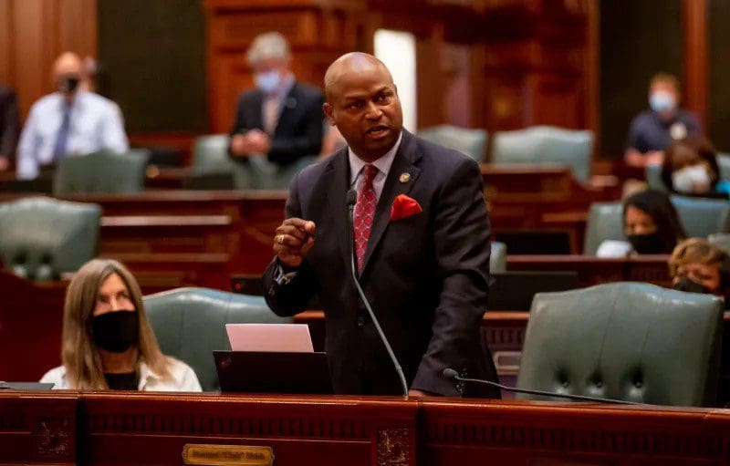 Illinois Speaker of the House Emanuel “Chris” Welch speaks on the floor of the Illinois House of Representatives at the Illinois State Capitol in Springfield, Ill., on Sept. 9, 2021. Justin L. Fowler—The State Journal-Register/AP