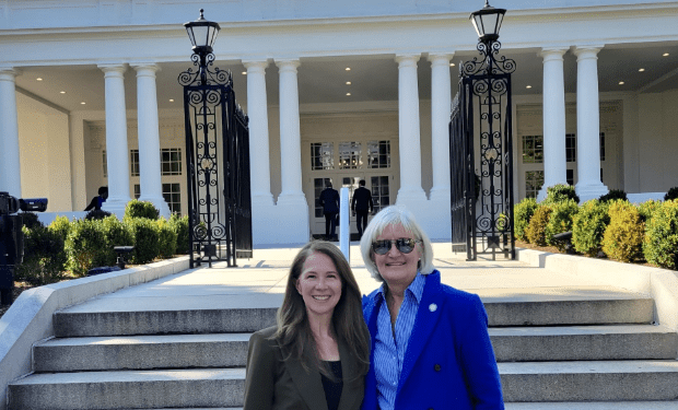 tate Rep. Jennifer Gong-Gershowitz (D-17th) (left) and State Sen. Mary Edly-Allen (D-31st) (right) outside the East Wing of the White House before an executive order signing session on artificial intelligence they attended Monday, Oct. 30.