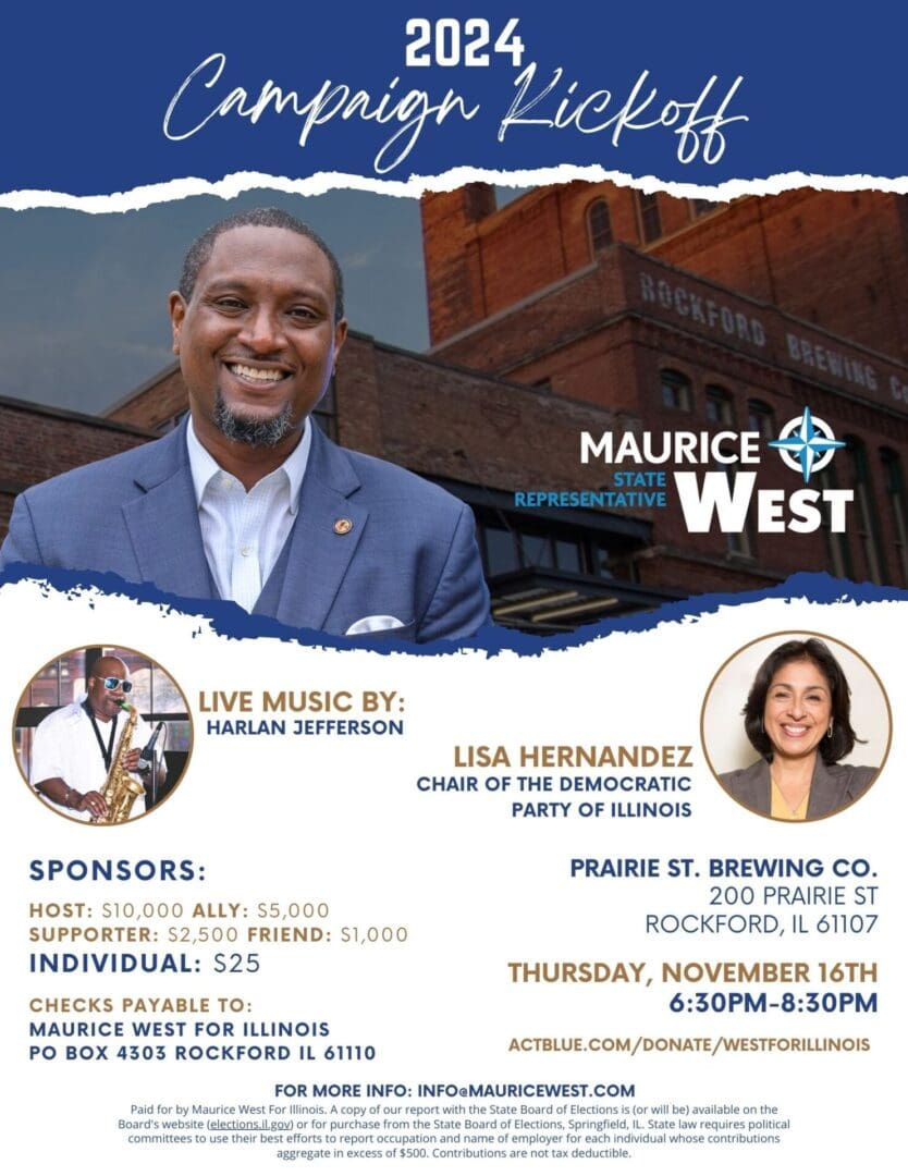 Join Rep. Maurice West for his 2024 Campaign Kickoff Party 🎉 on Thursday, November 16. Featuring special guest, Deputy Majority Leader and DPI Chair Lisa Hernandez! Plus live music by Harlan Jefferson. Don't miss the fun!