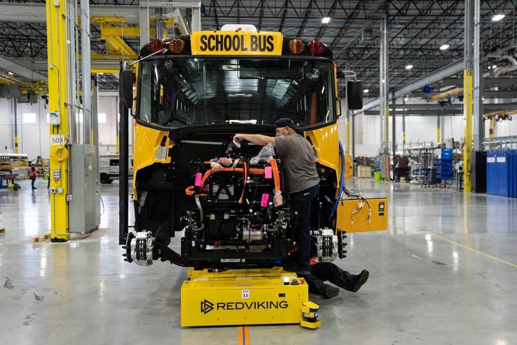 A LionC electric school bus in the process of being assembled in the Lion Electric plant in Channahon on June 5, 2023. (E. Jason Wambsgans/Chicago Tribune)