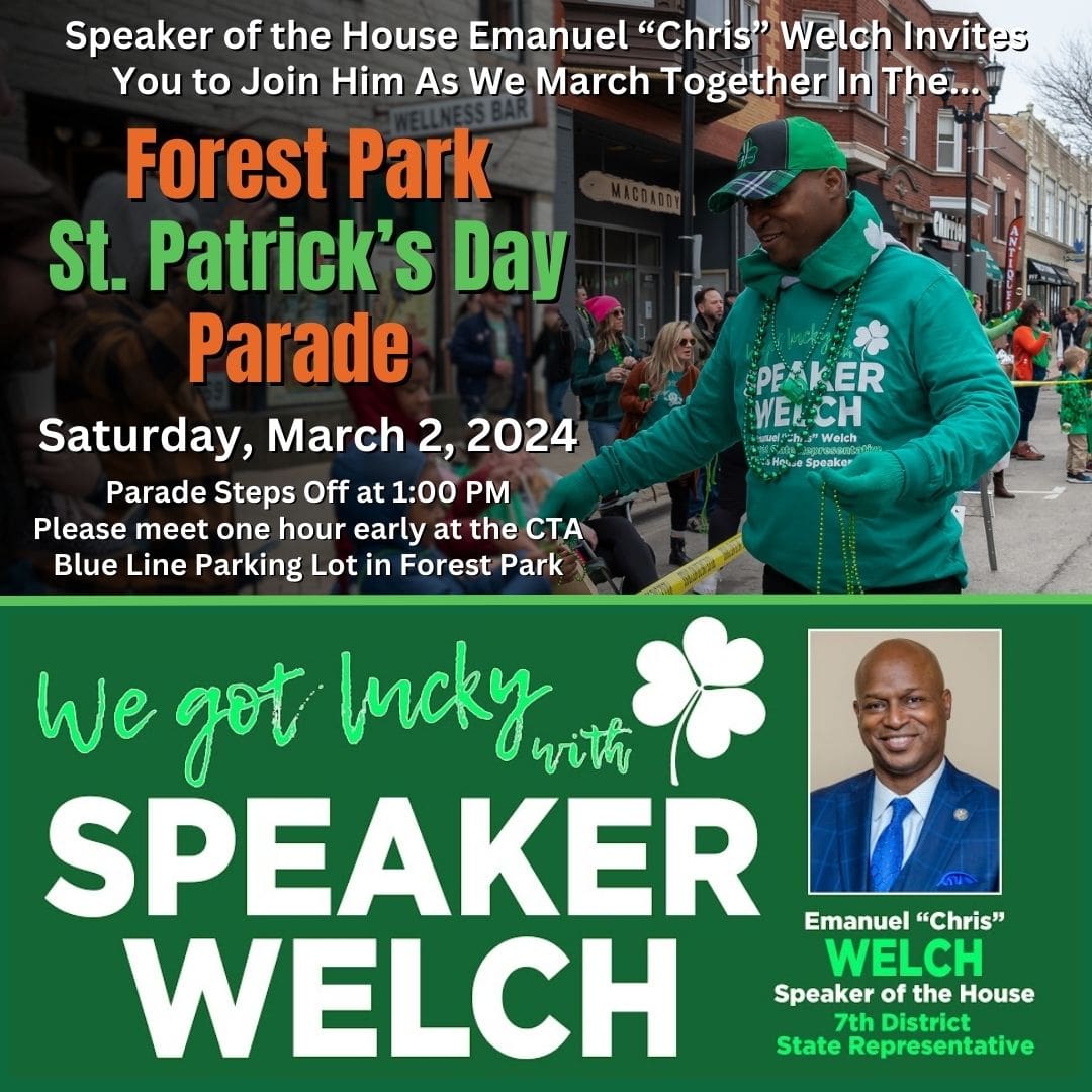 Get ready to (sham)rock! Walk with Speaker Welch and the DIH Team at the Forest Park St. Patrick's Day on Saturday, March 2. Complete the form to join the fun and get a FREE lucky green t-shirt.