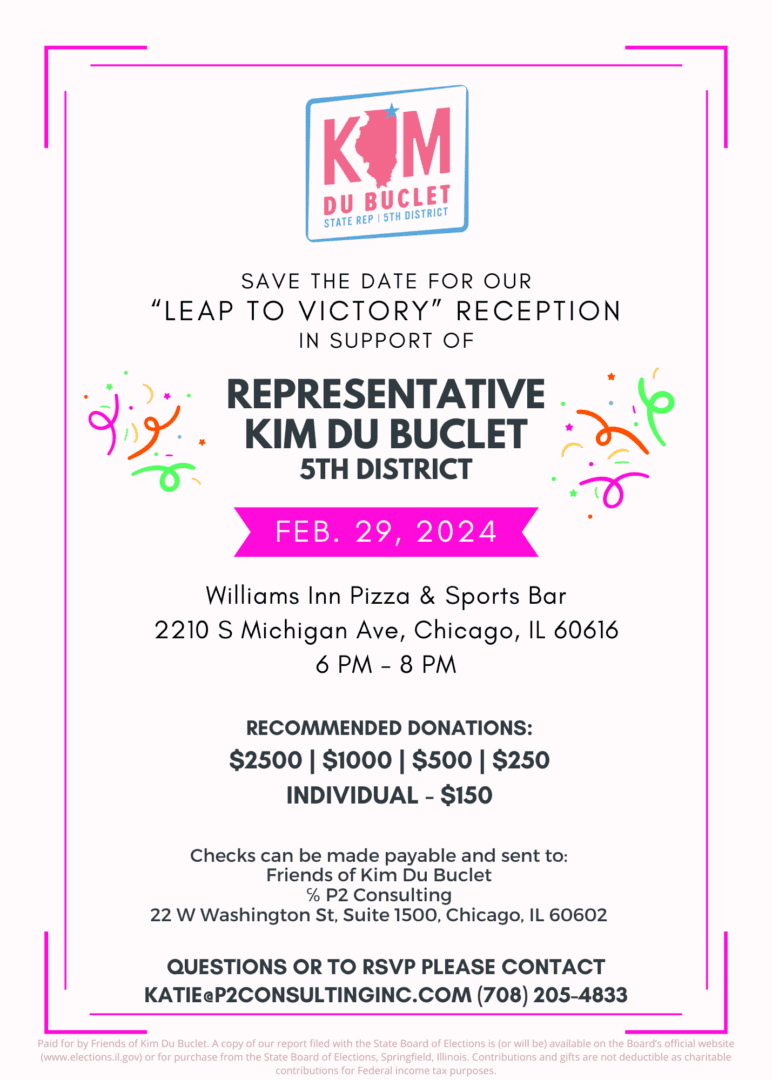 Help Rep. Kim du Buclet leap to victory in her campaign for re-election! Join her this leap day (February 29) from 6 to 8 PM at Williams Inn Pizza and Sports Bar.