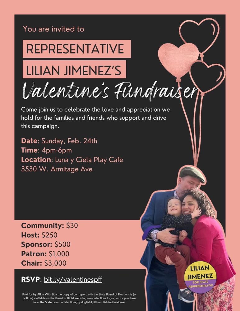 Rep. Lilian Jimenez is spreading the love on Sunday, February 25! Join her at Luna y Ciela Play Cafe from 4 to 6 PM as she celebrates the families and friends that have supported her campaign for re-election.