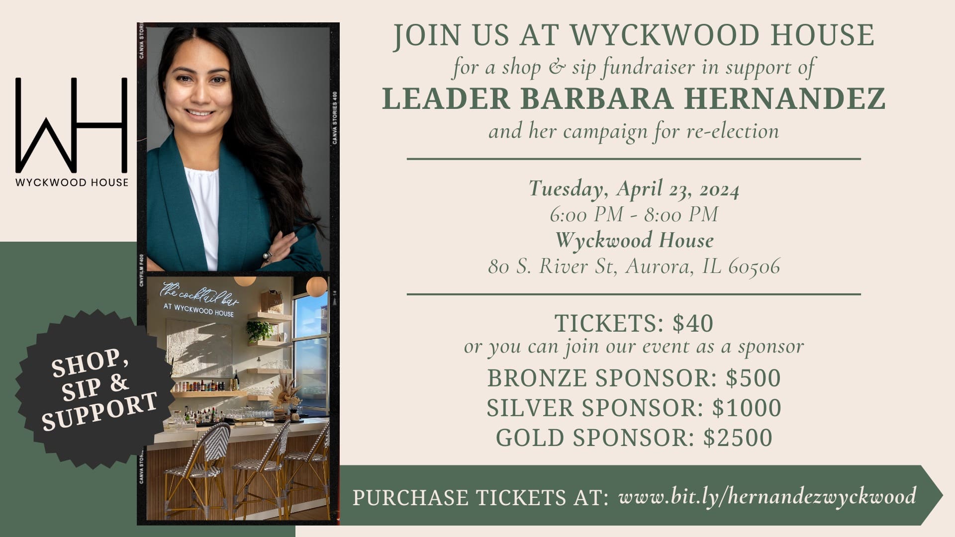 Keep your calendar open for Tuesday April 23. 📆 Join Leader Barbara Hernandez at Wyckwood House in Aurora, IL for a special fundraising event! Shop, sip, and support Leader Hernandez on her campaign for re-election.