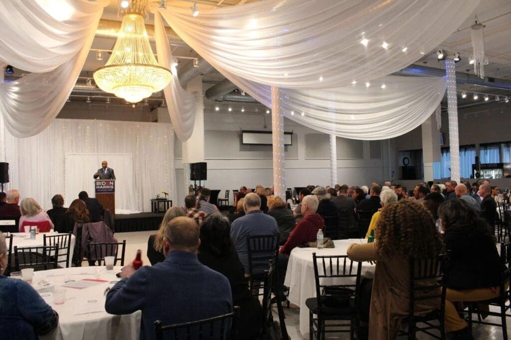 Illinois House Speaker Emanuel 'Chris" Welch gives the keynote address at the 6th annual Rock Island County Democrat Unity Dinner at the Stern Center in downtown Rock Island on Thursday, March 28, 2024.
