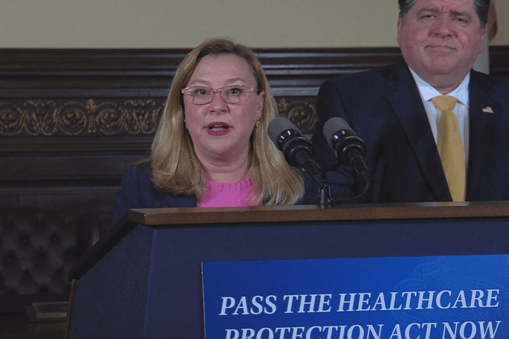 Rep. Anna Moeller (D-Elgin) spoke during a press conference alongside Gov. JB Pritzker after the House passed the Healthcare Protection Act on April 18, 2024.
