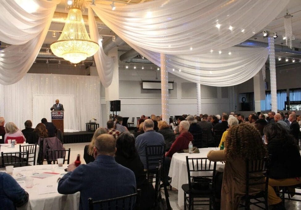 Illinois House Speaker Emanuel 'Chris" Welch gives the keynote address at the 6th annual Rock Island County Democrat Unity Dinner at the Stern Center in downtown Rock Island on Thursday, March 28, 2024.